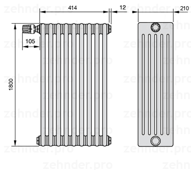 Схема (чертеж) Радиатор Zehnder Charleston 6180/9 №V011 Белый глянцевый RAL 9016